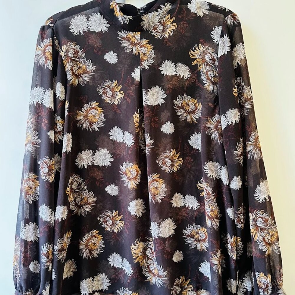 RO &De Sheer Brown Floral Mock Neck Long Sleeve Blouse Sz M